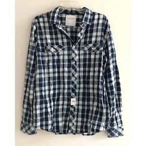 Denim & Flower | Mens L Blue Cuff Long Sleeve Plaid Checks Button Front Shirt